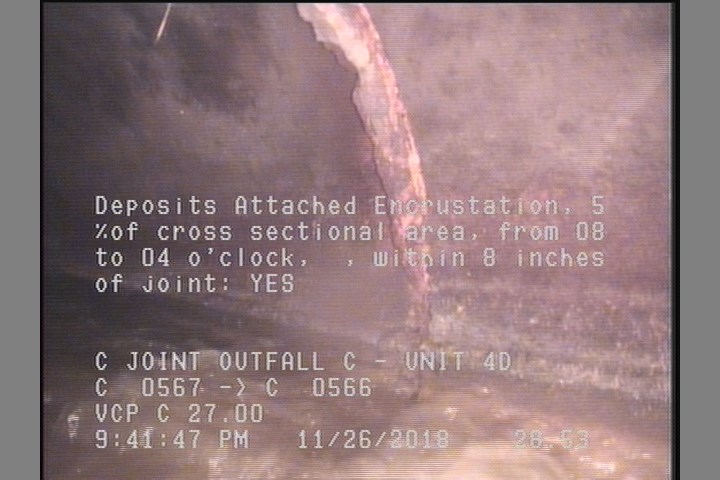 Deposits Attached Encrustation, 5 %of cross sectional area, from 08 to 04 o'clock, , within 8 inches of joint: YES