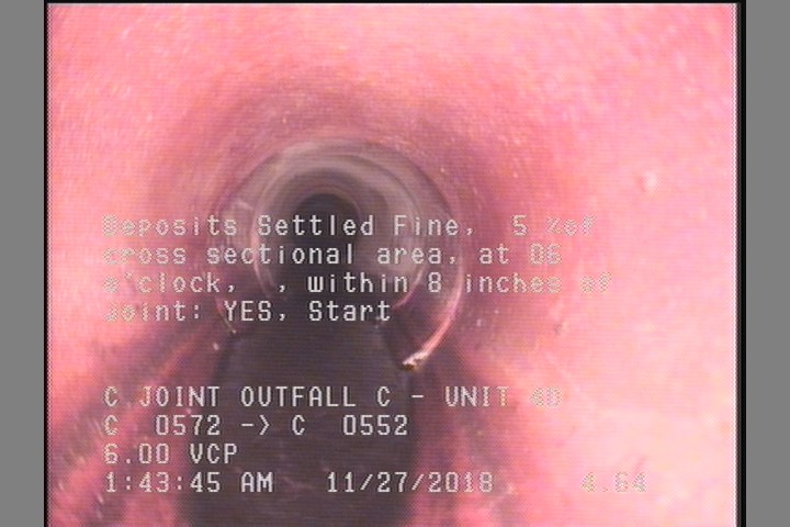 Deposits Settled Fine, 5 %of cross sectional area, at 06 o'clock, , within 8 inches of joint: YES, Start
