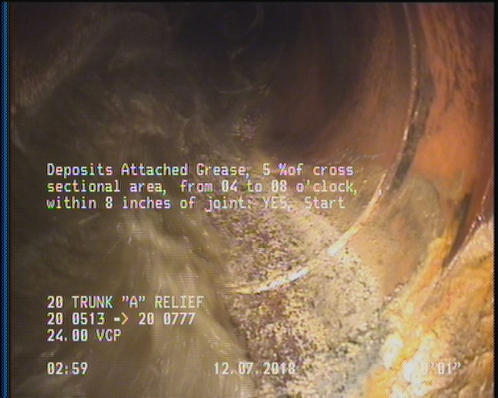 Deposits Attached Grease, 5 %of cross sectional area, from 04 to 08 o'clock, , within 8 inches of joint: YES, Start