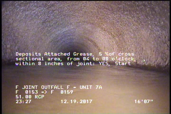 Deposits Attached Grease, 5 %of cross sectional area, from 04 to 08 o'clock, , within 8 inches of joint: YES, Start
