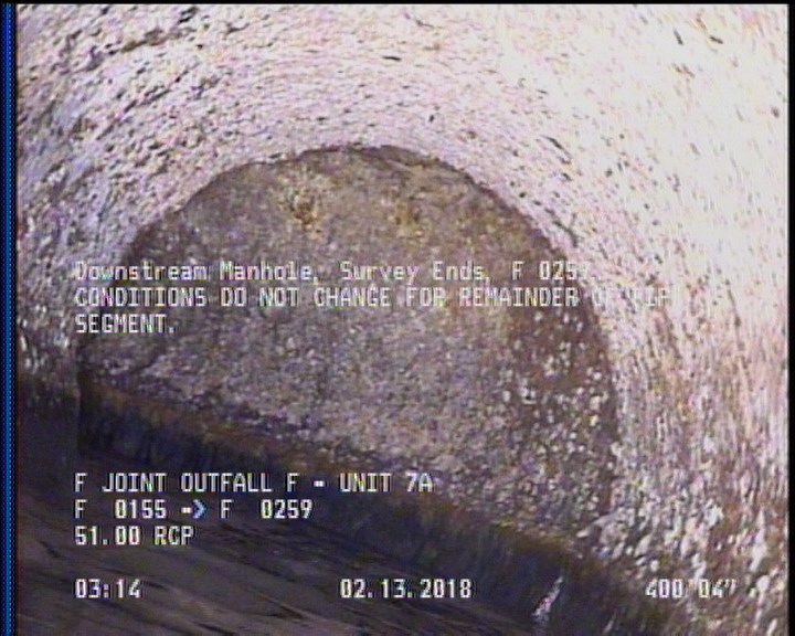 Downstream Manhole, Survey Ends - F 0259, CONDITIONS DO NOT CHANGE FOR REMAINDER OF PIPE SEGMENT.