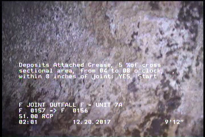Deposits Attached Grease, 5 %of cross sectional area, from 04 to 08 o'clock, , within 8 inches of joint: YES, Start