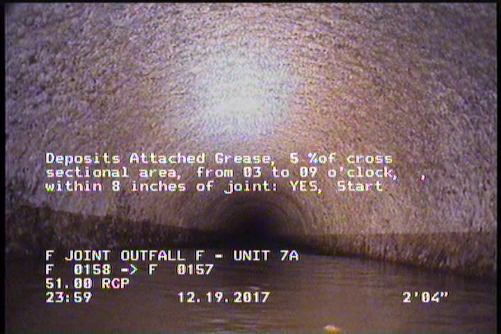 Deposits Attached Grease, 5 %of cross sectional area, from 03 to 09 o'clock, , within 8 inches of joint: YES, Start