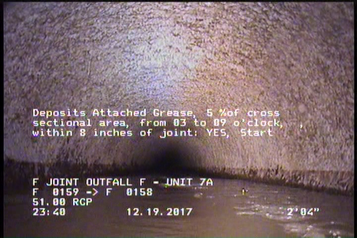 Deposits Attached Grease, 5 %of cross sectional area, from 03 to 09 o'clock, , within 8 inches of joint: YES, Start