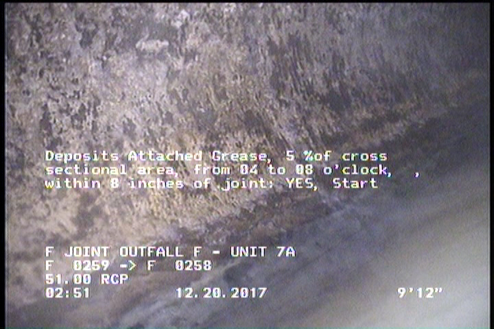Deposits Attached Grease, 5 %of cross sectional area, from 04 to 08 o'clock, , within 8 inches of joint: YES, Start