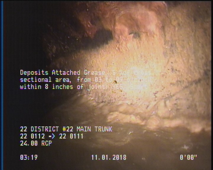 Deposits Attached Grease, 5 %of cross sectional area, from 03 to 09 o'clock, , within 8 inches of joint: YES, Start