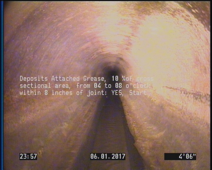 Deposits Attached Grease, 10 %of cross sectional area, from 04 to 08 o'clock, , within 8 inches of joint: YES, Start
