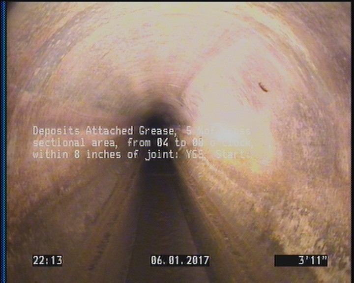 Deposits Attached Grease, 5 %of cross sectional area, from 04 to 08 o'clock, , within 8 inches of joint: YES, Start