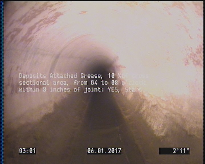 Deposits Attached Grease, 10 %of cross sectional area, from 04 to 08 o'clock, , within 8 inches of joint: YES, Start
