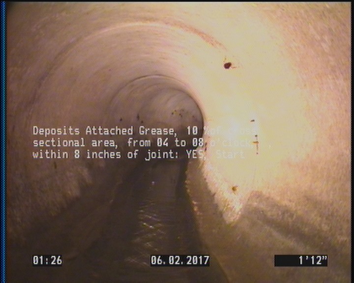 Deposits Attached Grease, 10 %of cross sectional area, from 04 to 08 o'clock, , within 8 inches of joint: YES, Start