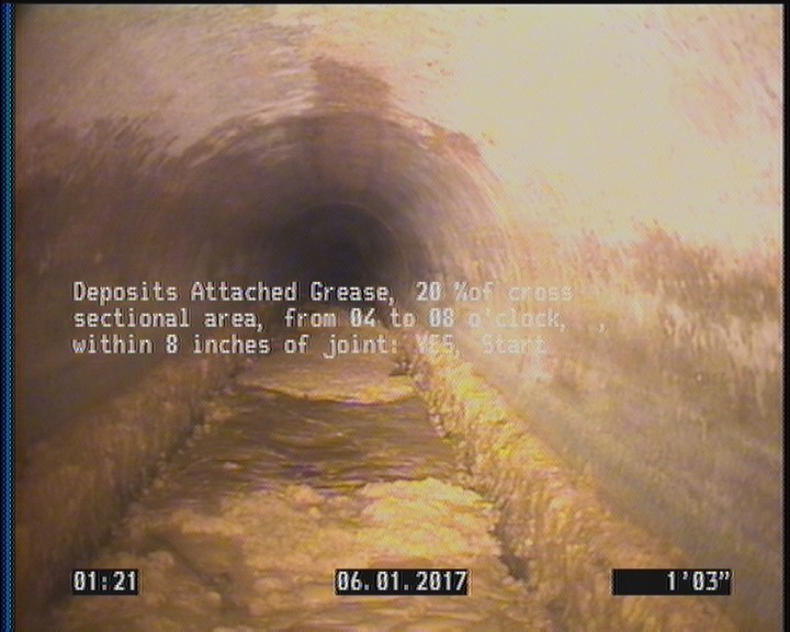 Deposits Attached Grease, 20 %of cross sectional area, from 04 to 08 o'clock, , within 8 inches of joint: YES, Start
