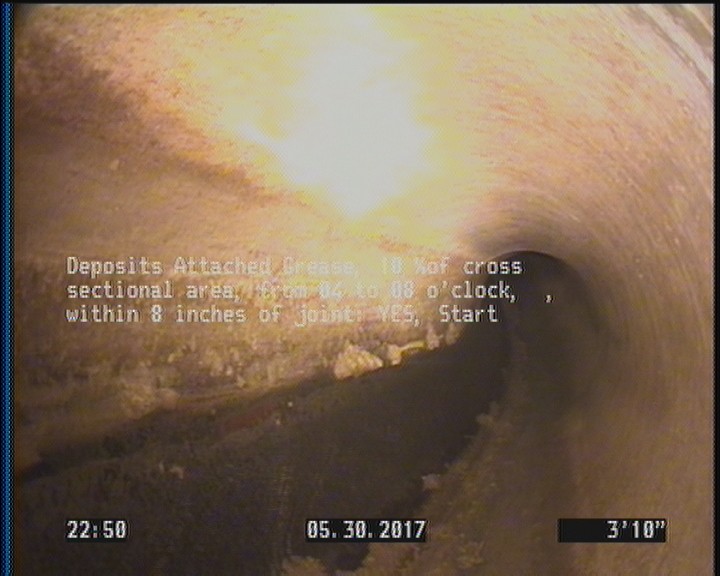 Deposits Attached Grease, 10 %of cross sectional area, from 04 to 08 o'clock, , within 8 inches of joint: YES, Start