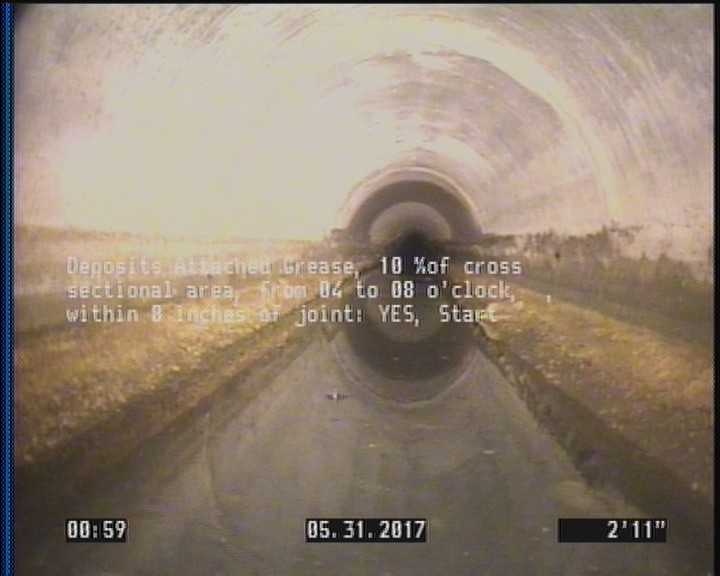 Deposits Attached Grease, 10 %of cross sectional area, from 04 to 08 o'clock, , within 8 inches of joint: YES, Start