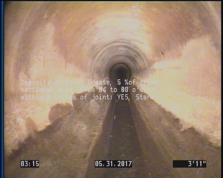 Deposits Attached Grease, 5 %of cross sectional area, from 04 to 08 o'clock, , within 8 inches of joint: YES, Start