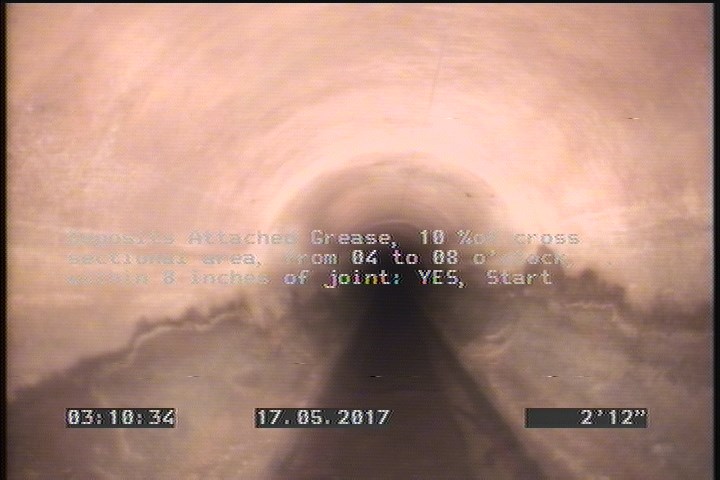 Deposits Attached Grease, 10 %of cross sectional area, from 04 to 08 o'clock, , within 8 inches of joint: YES, Start
