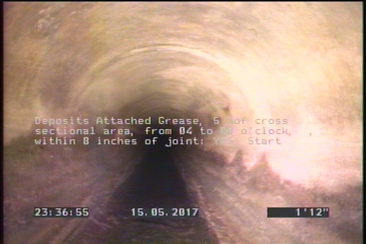 Deposits Attached Grease, 5 %of cross sectional area, from 04 to 08 o'clock, , within 8 inches of joint: YES, Start