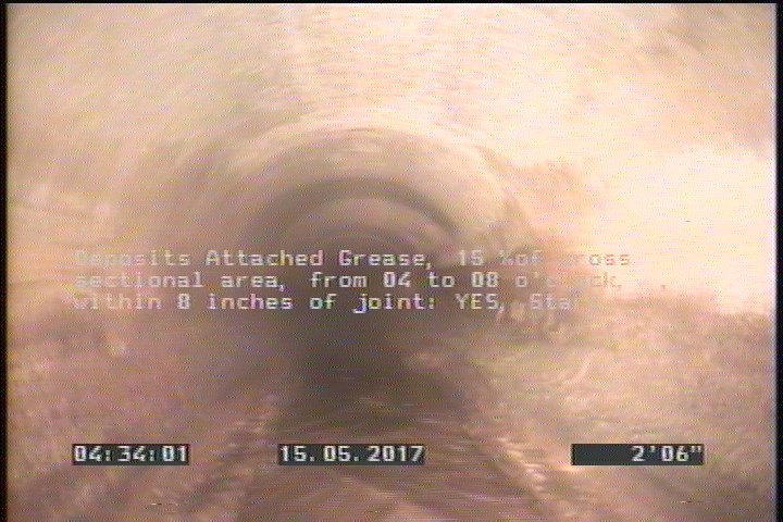 Deposits Attached Grease, 15 %of cross sectional area, from 04 to 08 o'clock, , within 8 inches of joint: YES, Start
