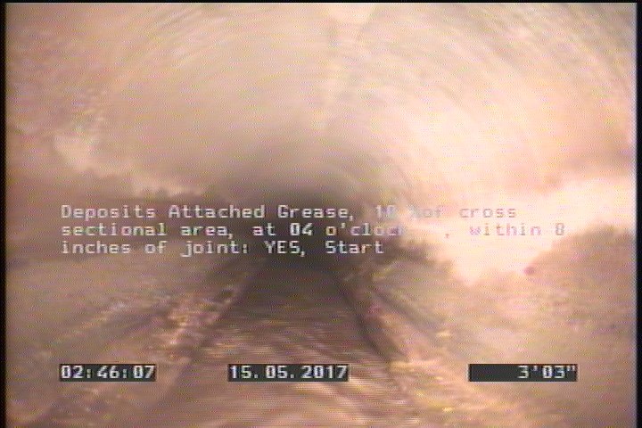 Deposits Attached Grease, 10 %of cross sectional area, at 04 o'clock, , within 8 inches of joint: YES, Start