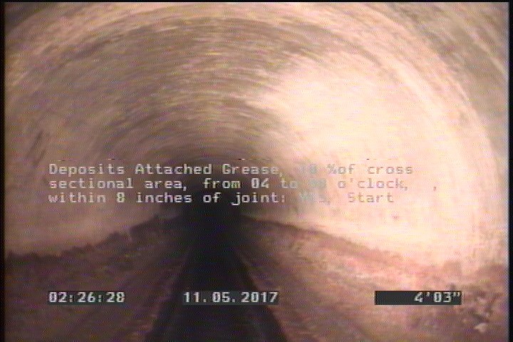 Deposits Attached Grease, 10 %of cross sectional area, from 04 to 08 o'clock, , within 8 inches of joint: YES, Start