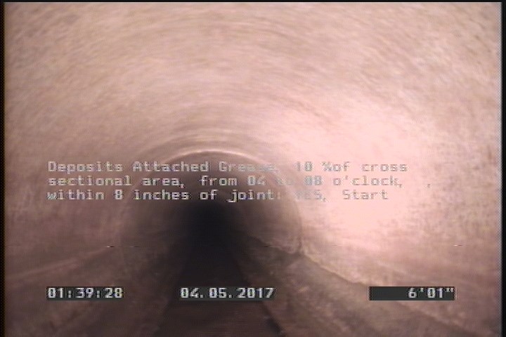 Deposits Attached Grease, 10 %of cross sectional area, from 04 to 08 o'clock, , within 8 inches of joint: YES, Start
