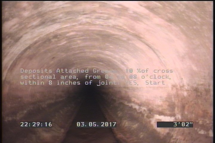 Deposits Attached Grease, 10 %of cross sectional area, from 04 to 08 o'clock, , within 8 inches of joint: YES, Start