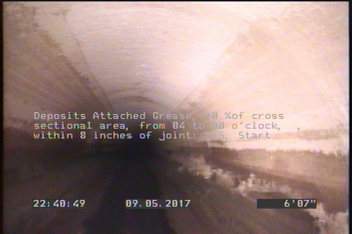 Deposits Attached Grease, 10 %of cross sectional area, from 04 to 08 o'clock, , within 8 inches of joint: YES, Start