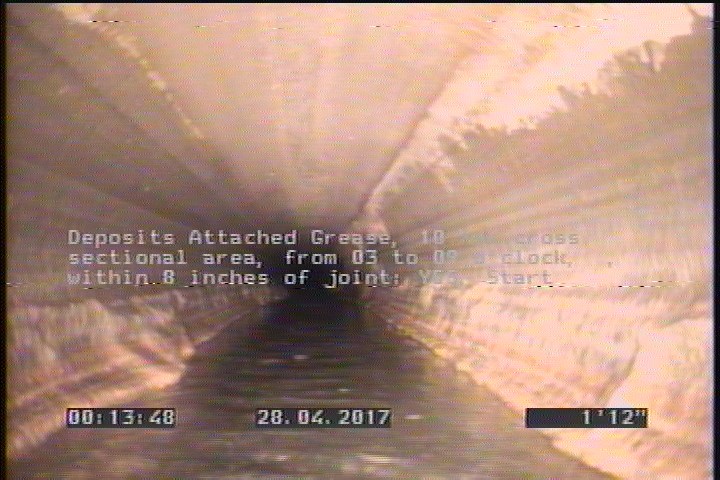 Deposits Attached Grease, 10 %of cross sectional area, from 03 to 09 o'clock, , within 8 inches of joint: YES, Start