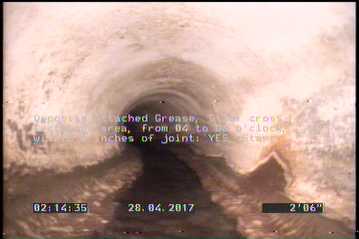 Deposits Attached Grease, 5 %of cross sectional area, from 04 to 08 o'clock, , within 8 inches of joint: YES, Start