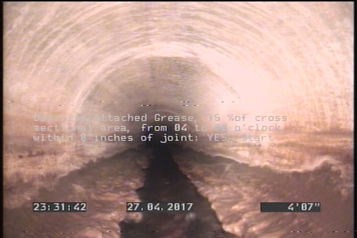 Deposits Attached Grease, 15 %of cross sectional area, from 04 to 08 o'clock, , within 8 inches of joint: YES, Start