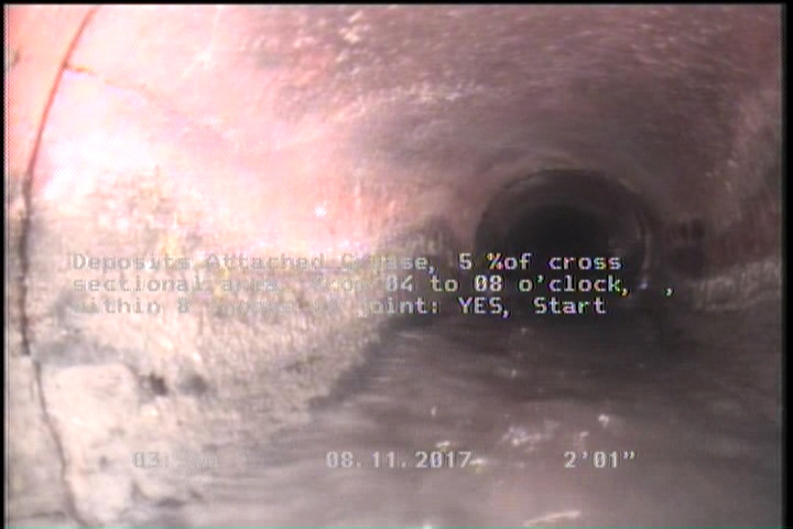 Deposits Attached Grease, 5 %of cross sectional area, from 04 to 08 o'clock, , within 8 inches of joint: YES, Start