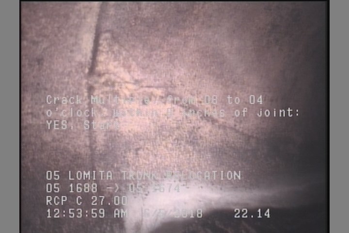 Crack Multiple, from 08 to 04 o'clock, within 8 inches of joint: YES, Start