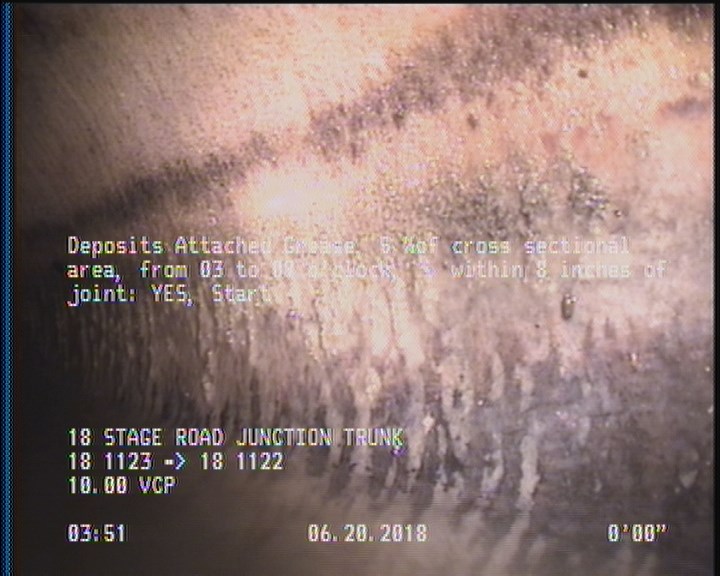 Deposits Attached Grease, 5 %of cross sectional area, from 03 to 09 o'clock, , within 8 inches of joint: YES, Start