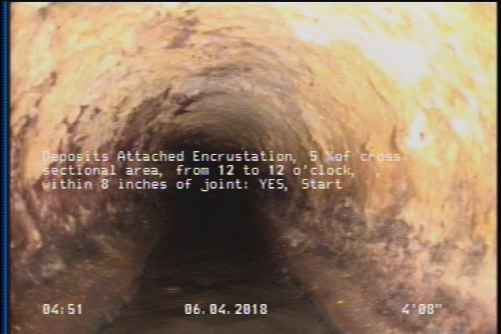 Deposits Attached Encrustation, 5 %of cross sectional area, from 12 to 12 o'clock, , within 8 inches of joint: YES, Start