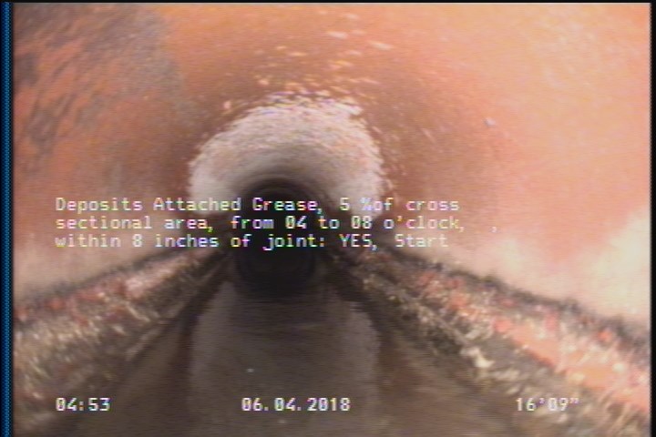 Deposits Attached Grease, 5 %of cross sectional area, from 04 to 08 o'clock, , within 8 inches of joint: YES, Start
