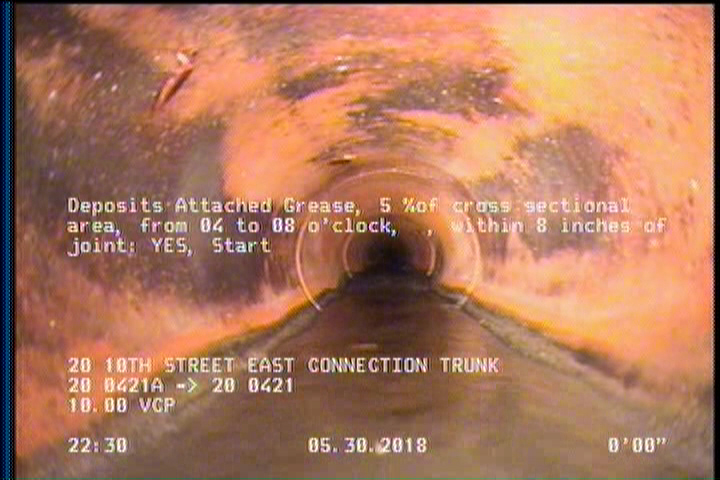 Deposits Attached Grease, 5 %of cross sectional area, from 04 to 08 o'clock, , within 8 inches of joint: YES, Start