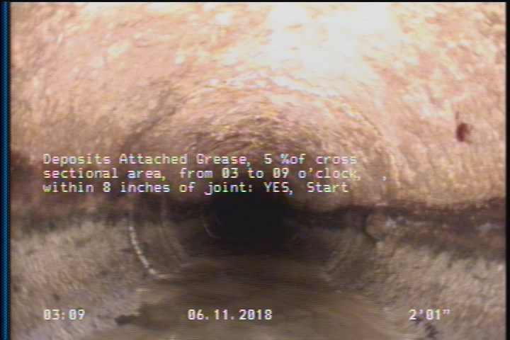 Deposits Attached Grease, 5 %of cross sectional area, from 03 to 09 o'clock, , within 8 inches of joint: YES, Start