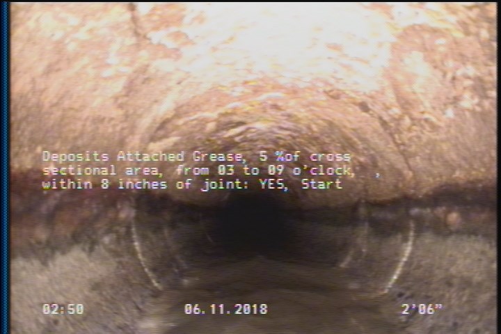 Deposits Attached Grease, 5 %of cross sectional area, from 03 to 09 o'clock, , within 8 inches of joint: YES, Start