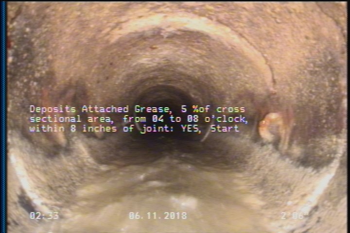 Deposits Attached Grease, 5 %of cross sectional area, from 04 to 08 o'clock, , within 8 inches of joint: YES, Start