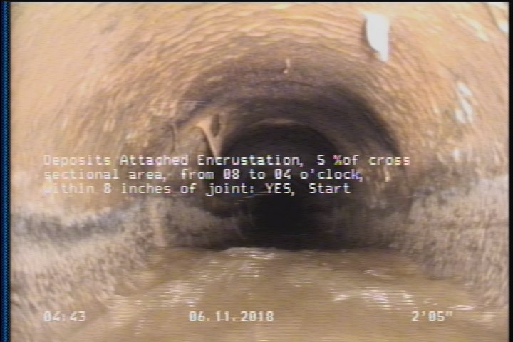 Deposits Attached Encrustation, 5 %of cross sectional area, from 08 to 04 o'clock, , within 8 inches of joint: YES, Start