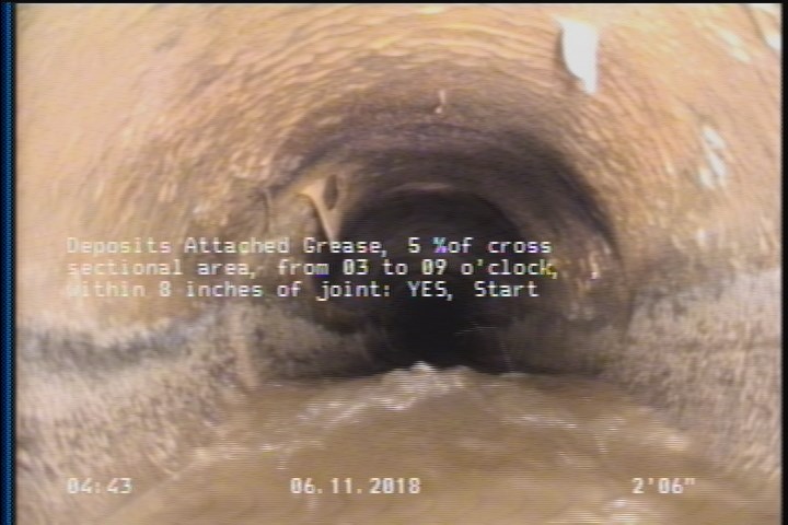 Deposits Attached Grease, 5 %of cross sectional area, from 03 to 09 o'clock, , within 8 inches of joint: YES, Start