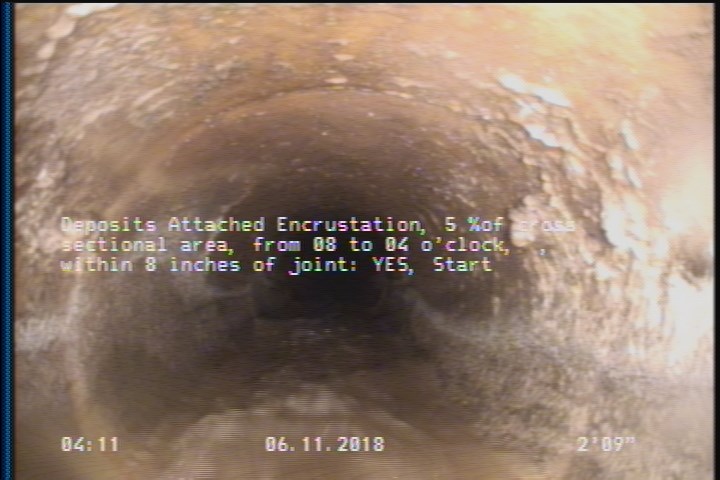 Deposits Attached Encrustation, 5 %of cross sectional area, from 08 to 04 o'clock, , within 8 inches of joint: YES, Start
