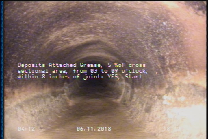 Deposits Attached Grease, 5 %of cross sectional area, from 03 to 09 o'clock, , within 8 inches of joint: YES, Start
