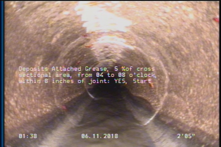Deposits Attached Grease, 5 %of cross sectional area, from 04 to 08 o'clock, , within 8 inches of joint: YES, Start
