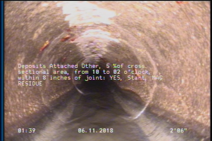 Deposits Attached Other, 5 %of cross sectional area, from 10 to 02 o'clock, , within 8 inches of joint: YES, Start - MAG RESIDUE