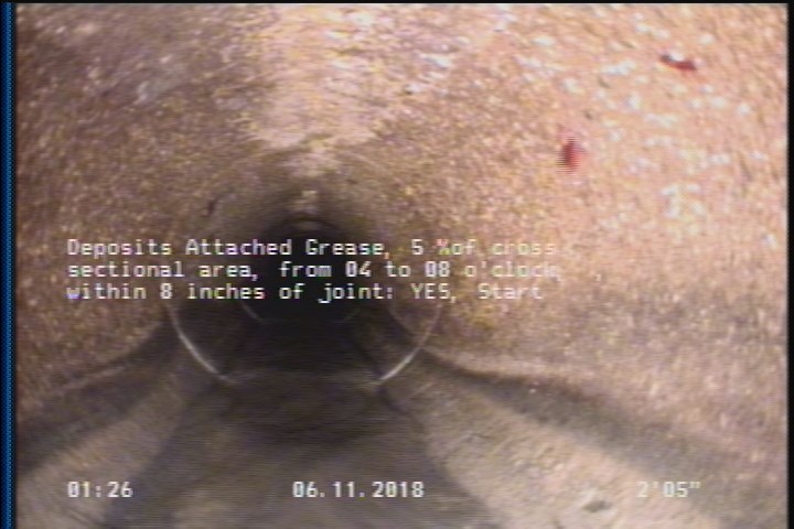 Deposits Attached Grease, 5 %of cross sectional area, from 04 to 08 o'clock, , within 8 inches of joint: YES, Start