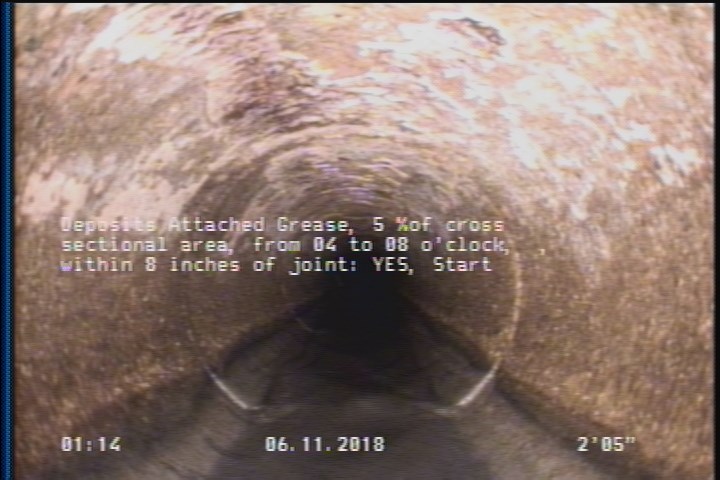 Deposits Attached Grease, 5 %of cross sectional area, from 04 to 08 o'clock, , within 8 inches of joint: YES, Start