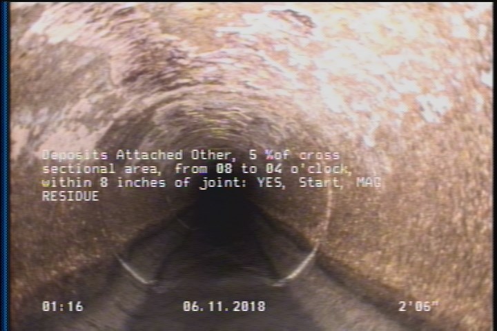 Deposits Attached Other, 5 %of cross sectional area, from 08 to 04 o'clock, , within 8 inches of joint: YES, Start - MAG RESIDUE