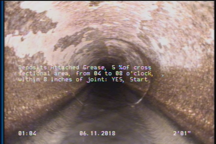 Deposits Attached Grease, 5 %of cross sectional area, from 04 to 08 o'clock, , within 8 inches of joint: YES, Start