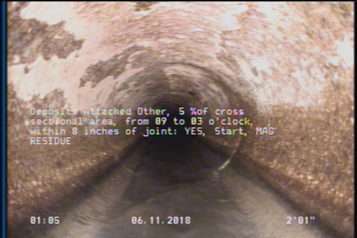 Deposits Attached Other, 5 %of cross sectional area, from 09 to 03 o'clock, , within 8 inches of joint: YES, Start - MAG RESIDUE