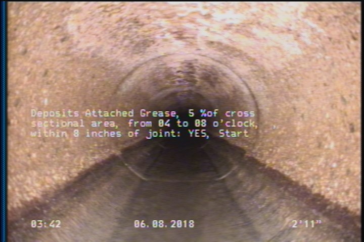 Deposits Attached Grease, 5 %of cross sectional area, from 04 to 08 o'clock, , within 8 inches of joint: YES, Start
